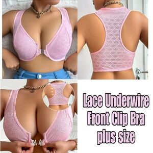 NEW PINK LACE Front Buckle Racer Back Underwire Bra plus size. (See chart)